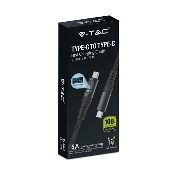V-TAC fekete Type-C 1m Power Delivery hálózati kábel, max. 100W, kijelzővel - SKU 7746
