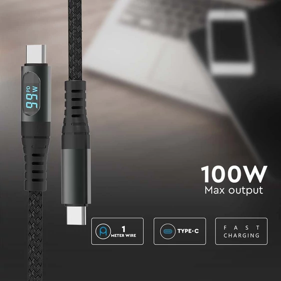 V-TAC fekete Type-C 1m Power Delivery hálózati kábel, max. 100W, kijelzővel - SKU 7746