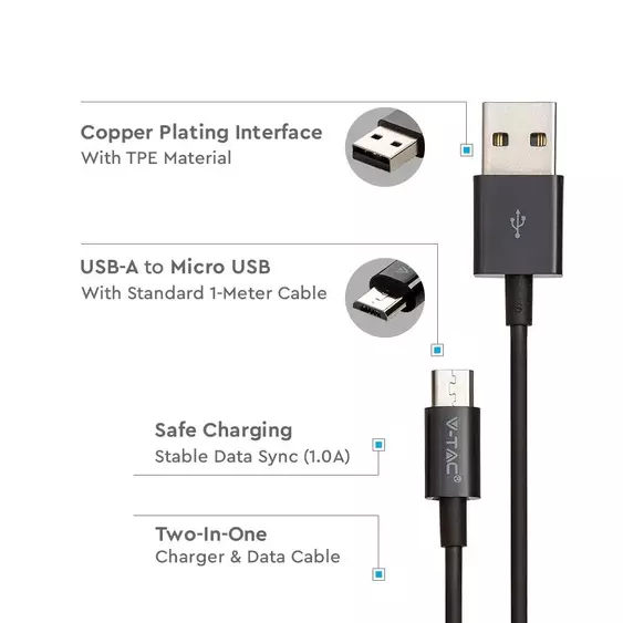 V-TAC fekete, USB - Micro USB 1m hálózati kábel - SKU 8485