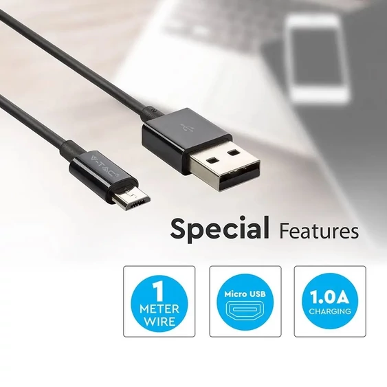 V-TAC fekete, USB - Micro USB 1m hálózati kábel - SKU 8485