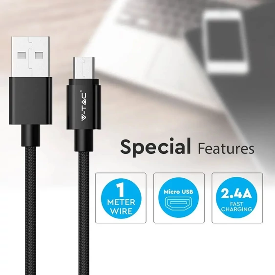 V-TAC fekete, USB - Micro USB 1m hálózati kábel - SKU 8488