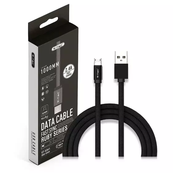 V-TAC fekete, USB - Micro USB 1m hálózati kábel - SKU 8494