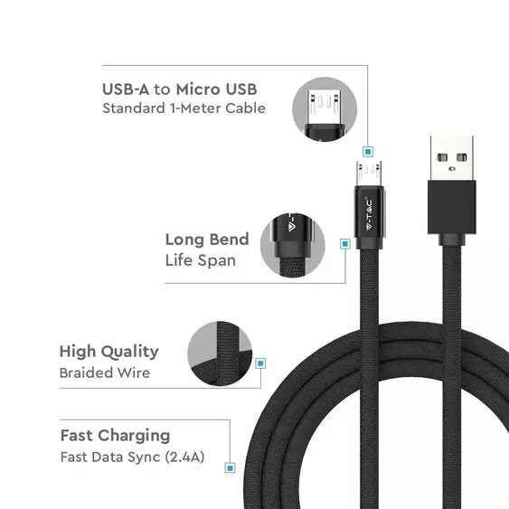 V-TAC fekete, USB - Micro USB 1m hálózati kábel - SKU 8494