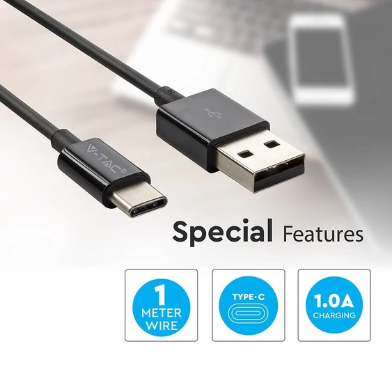 V-TAC fekete, USB - Type-C 1m hálózati kábel - SKU 8487