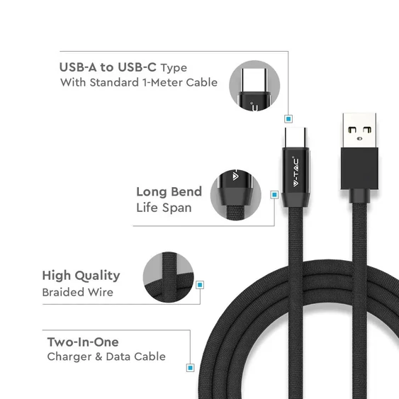 V-TAC fekete, USB - Type-C 1m hálózati kábel - SKU 8498