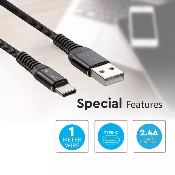 V-TAC fekete, USB - Type-C 1m hálózati kábel - SKU 8632