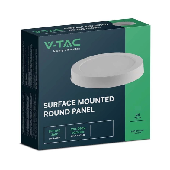 V-TAC felületre szerelhető, műanyag házas, kerek LED panel 24W, hideg fehér - SKU 7881