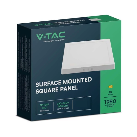 V-TAC felületre szerelhető, műanyag házas, szögletes LED panel 18W, hideg fehér - SKU 10500