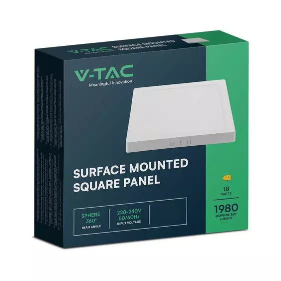 V-TAC felületre szerelhető, műanyag házas, szögletes LED panel 18W, természetes fehér - SKU 10499