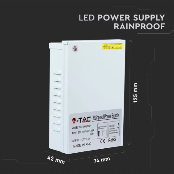 V-TAC fémházas IP45 LED tápegység 12V 60W 5A - SKU 3070