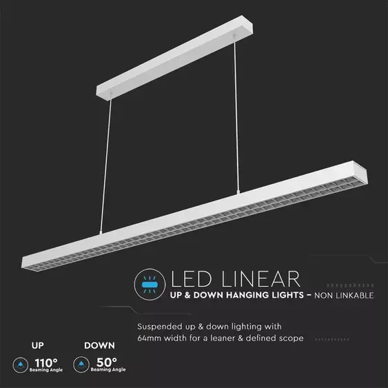 V-TAC függeszthető dimmelhető lineáris LED lámpa UGR&lt;6 118cm 60W természetes fehér - SKU 606