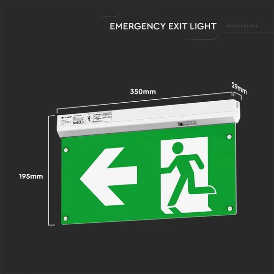 V-TAC függeszthető és felületre szerelhető LED-es EXIT lámpa 2.5W, önteszt gombbal - SKU 7675