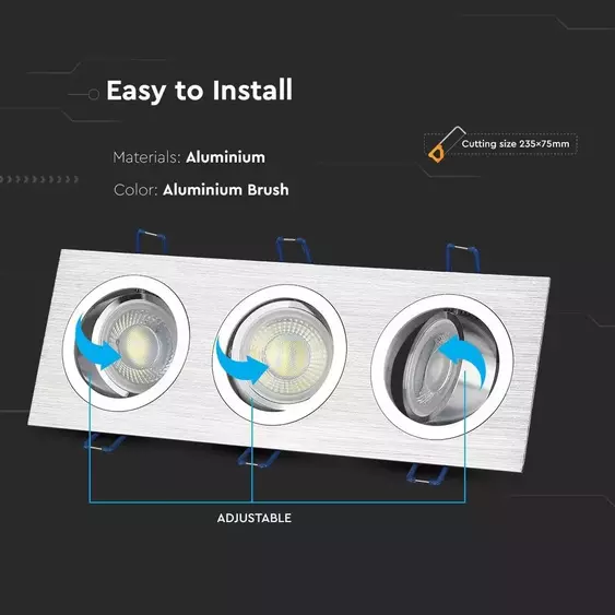 V-TAC GU10 LED 3 foglalatos spotlámpa keret, alumínium szürke billenthető lámpatest - SKU 3610