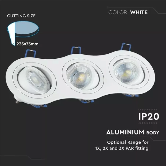 V-TAC GU10 LED 3 foglalatos spotlámpa keret, fehér billenthető lámpatest - SKU 3603