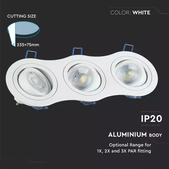 V-TAC GU10 LED 3 foglalatos spotlámpa keret, fehér billenthető lámpatest - SKU 3603