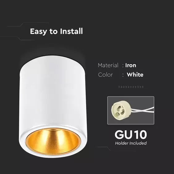 V-TAC GU10 LED falon kívüli henger lámpatest, fehér, vörösarany belsővel - SKU 6690