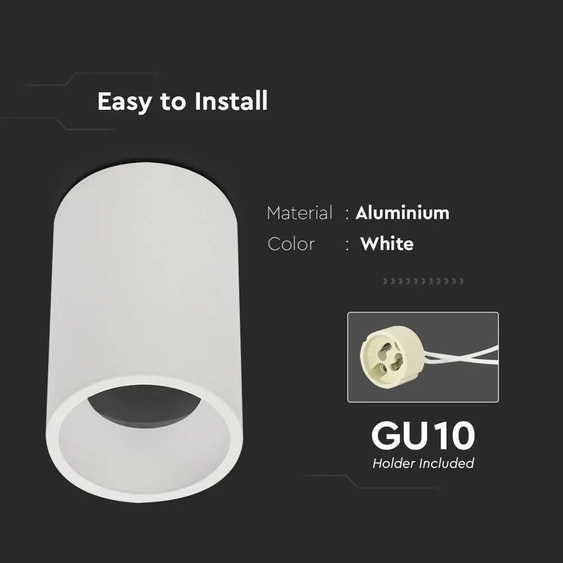 V-TAC GU10 LED falon kívüli lámpatest, fehér, tartozék GU10 foglalattal, 10,7 cm - SKU 8944