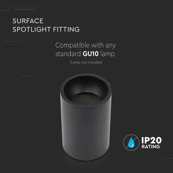 V-TAC GU10 LED falon kívüli lámpatest, fekete, tartozék GU10 foglalattal, 10,7 cm - SKU 8945