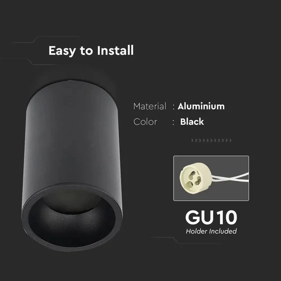 V-TAC GU10 LED falon kívüli lámpatest, fekete, tartozék GU10 foglalattal, 10,7 cm - SKU 8945