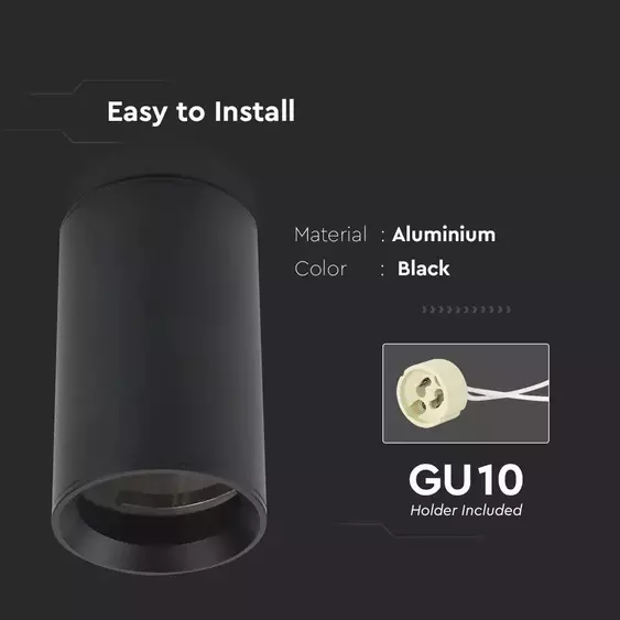 V-TAC GU10 LED falon kívüli lámpatest, fekete, tartozék GU10 foglalattal, 10 cm - SKU 8949
