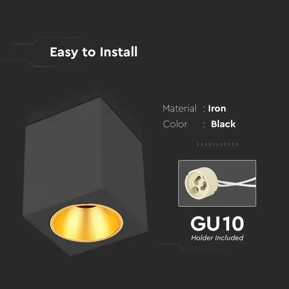 V-TAC GU10 LED falon kívüli szögletes lámpatest, fekete, vörösarany belsővel - SKU 6693