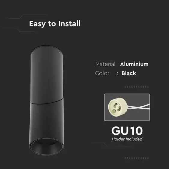 V-TAC GU10 LED forgatható falon kívüli lámpatest, fekete, tartozék GU10 foglalattal, 20cm - SKU 8947