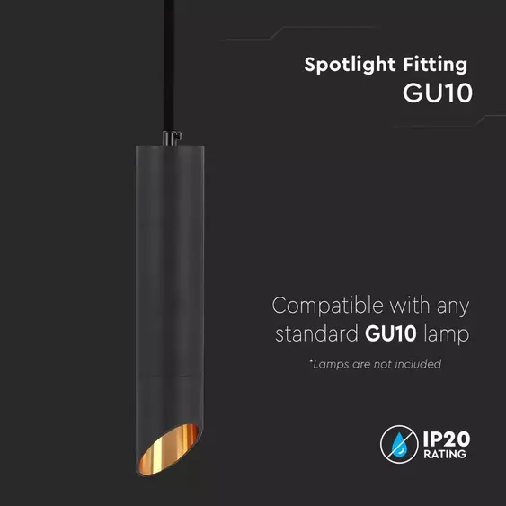 V-TAC GU10 LED mennyezetre függeszthető designer lámpatest, fekete, arany belsővel, 20 cm - SKU 6684