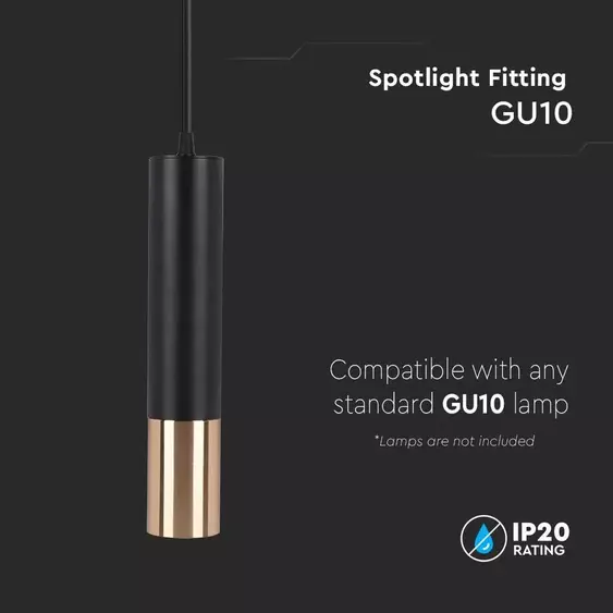 V-TAC GU10 LED mennyezetre függeszthető lámpatest, fekete és arany véggel, 30 cm - SKU 6688