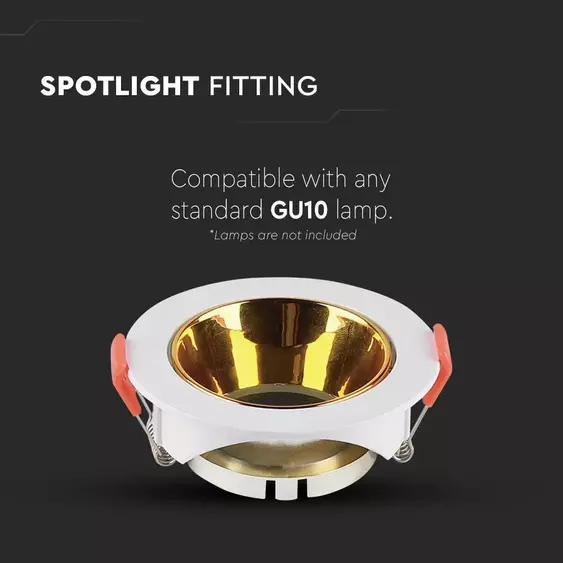 V-TAC GU10 LED műanyag spotlámpa keret, fehér és arany billenthető lámpatest - SKU 6648