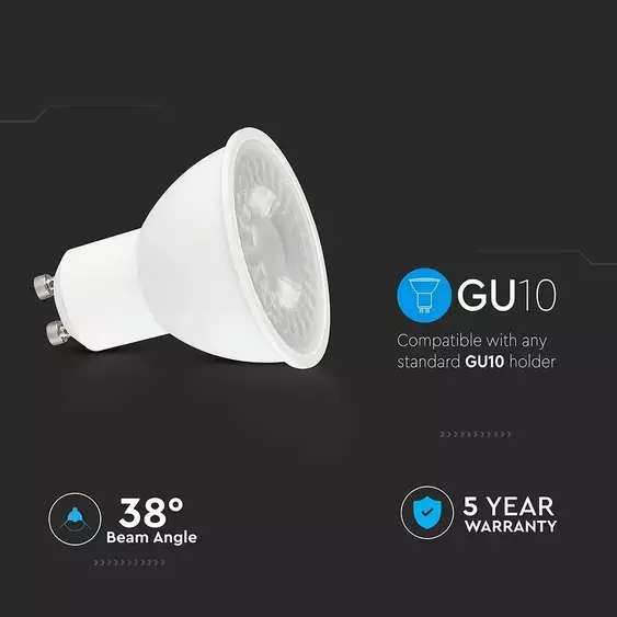 V-TAC GU10 LED spot égő 7.5W hideg fehér 38° - SKU 21877