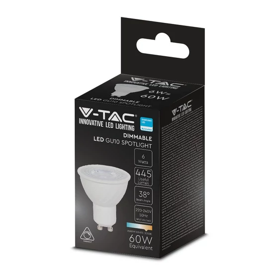 V-TAC GU10 LED spot égő dimmelhető 6W hideg fehér 38° - SKU 21197