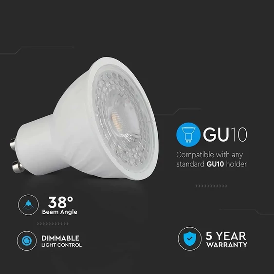 V-TAC GU10 LED spot égő dimmelhető 6W hideg fehér 38° - SKU 21197