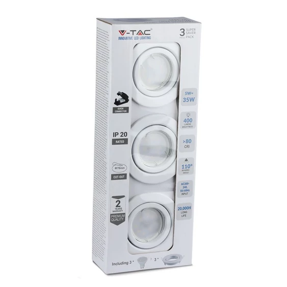 V-TAC GU10 LED spot égő fehér kerettel 3 db/csomag 5W természetes fehér 110° - SKU 8882