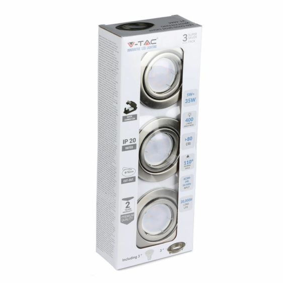 V-TAC GU10 LED spot égő szatén kerettel 3 db/csomag 5W hideg fehér 110° - SKU 8886
