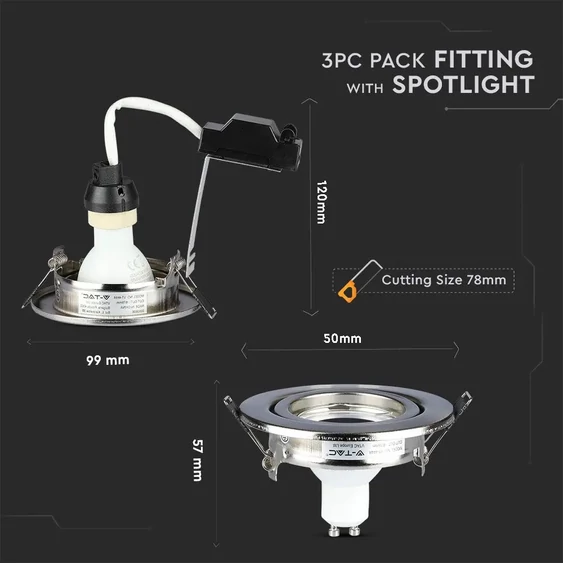 V-TAC GU10 LED spot égő szatén kerettel 3 db/csomag 5W hideg fehér 110° - SKU 8886