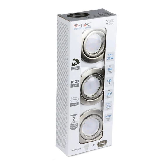 V-TAC GU10 LED spot égő matt króm kerettel 3 db/csomag 5W meleg fehér 110° - SKU 8884