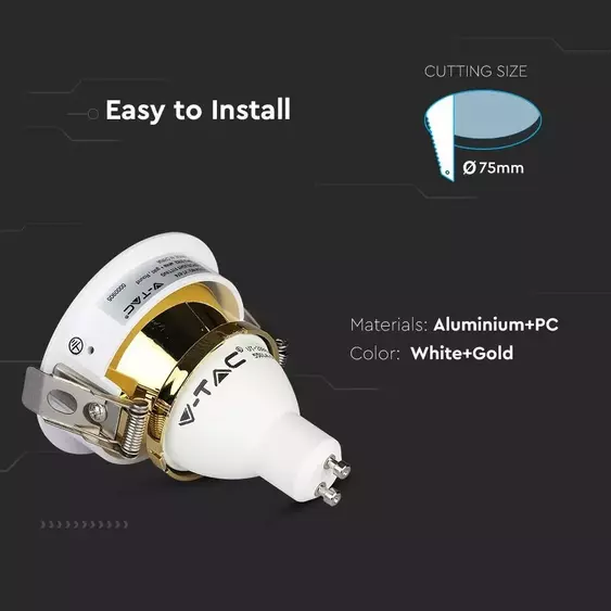 V-TAC GU10 LED spotlámpa keret, fehér+arany billenthető lámpatest - SKU 3162