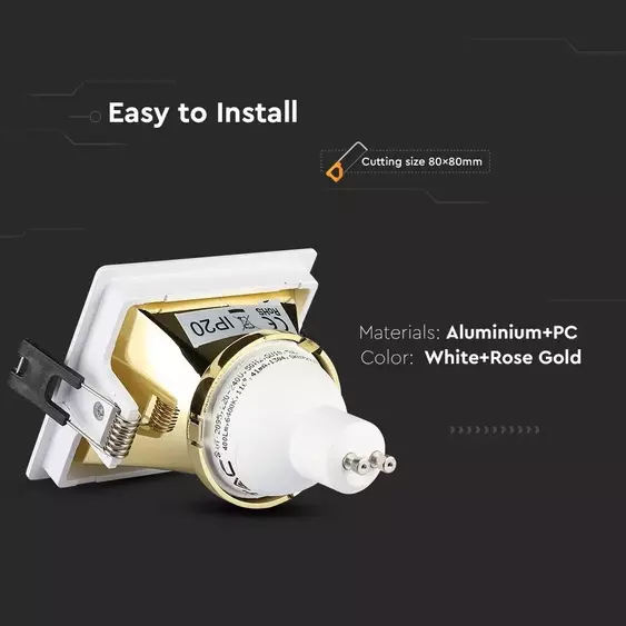 V-TAC GU10 LED spotlámpa keret, fehér+arany fix lámpatest - SKU 3166