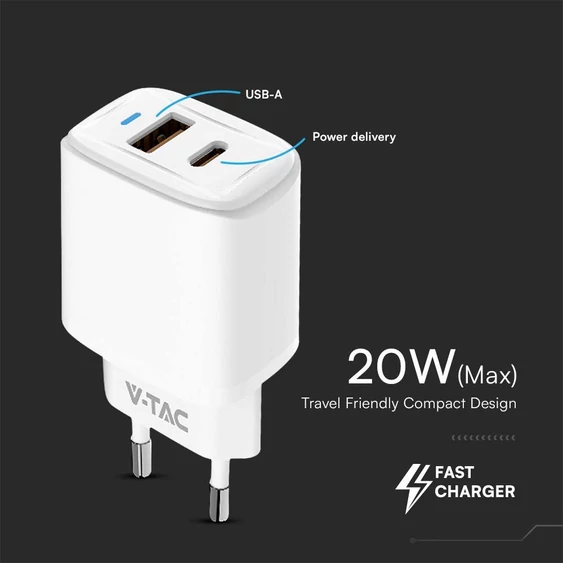 V-TAC hálózati USB 20W töltő, Quickcharge és PowerDelivery, fehér - SKU 23580