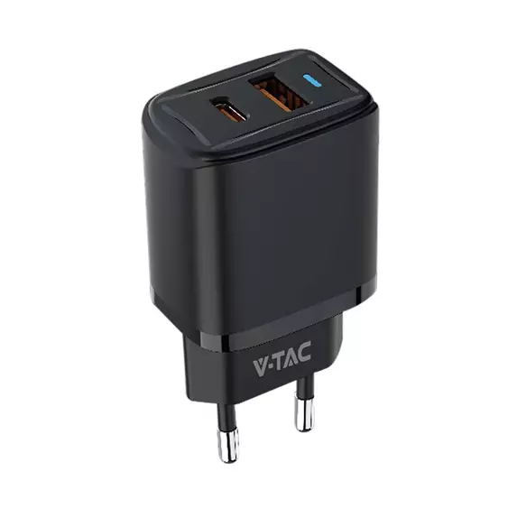 V-TAC hálózati USB 20W töltő, Quickcharge és PowerDelivery, fekete - SKU 23581