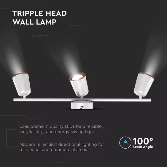 V-TAC háromfejű 15W beltéri fehér fali LED lámpa, természetes fehér, 100 Lm/W - SKU 218260