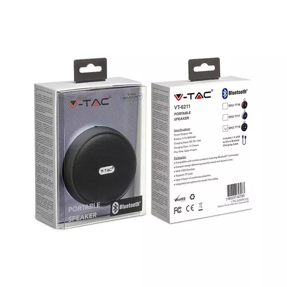V-TAC hordozható bluetooth hangszóró TWS funkcióval, fekete - SKU 7718