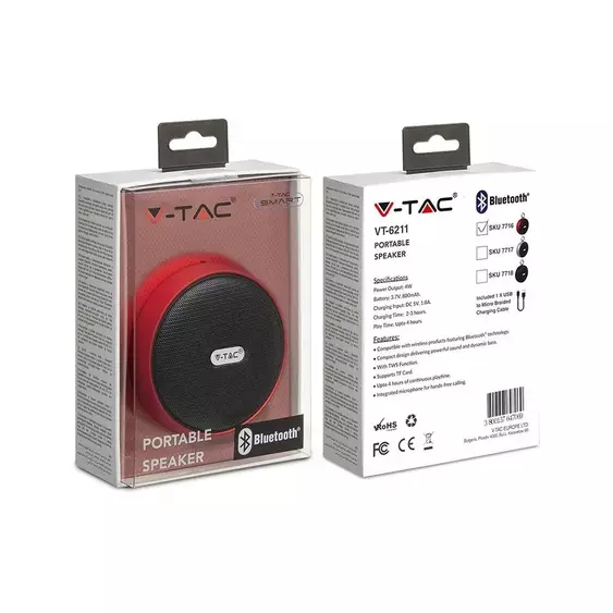 V-TAC hordozható bluetooth hangszóró TWS funkcióval, piros - SKU 7716