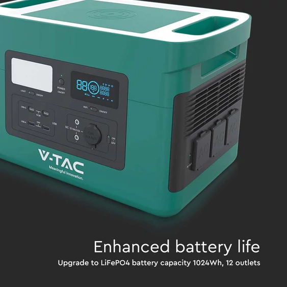 V-TAC hordozható töltőállomás 1000W, napelemes töltési lehetőséggel, EU dugaljjal - SKU 11627