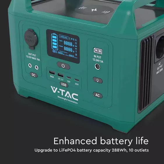 V-TAC hordozható töltőállomás 300W, napelemes töltési lehetőséggel, EU dugaljjal - SKU 11625