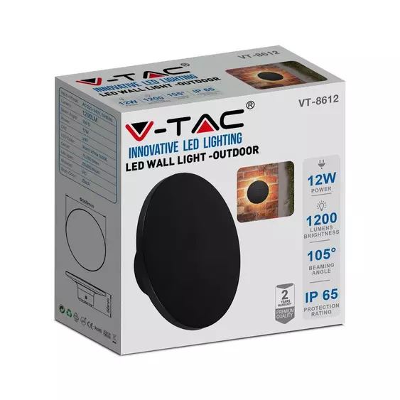 V-TAC indirekt világítású 12W kültéri, kerek fekete LED lámpa, meleg fehér - SKU 6787