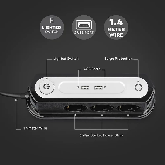 V-TAC kapcsolós asztali elosztó 3db aljzattal, 2db USB csatlakozó, 1.4m kábel - SKU 8817