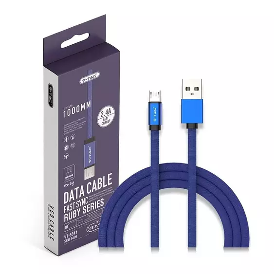 V-TAC kék, USB - Micro USB 1m hálózati kábel - SKU 8496