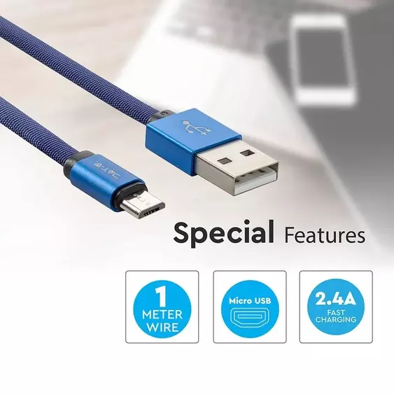 V-TAC kék, USB - Micro USB 1m hálózati kábel - SKU 8496