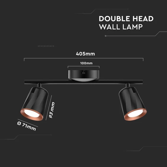 V-TAC kétfejű 10W beltéri fekete fali LED lámpa, természetes fehér, 100 Lm/W - SKU 218257